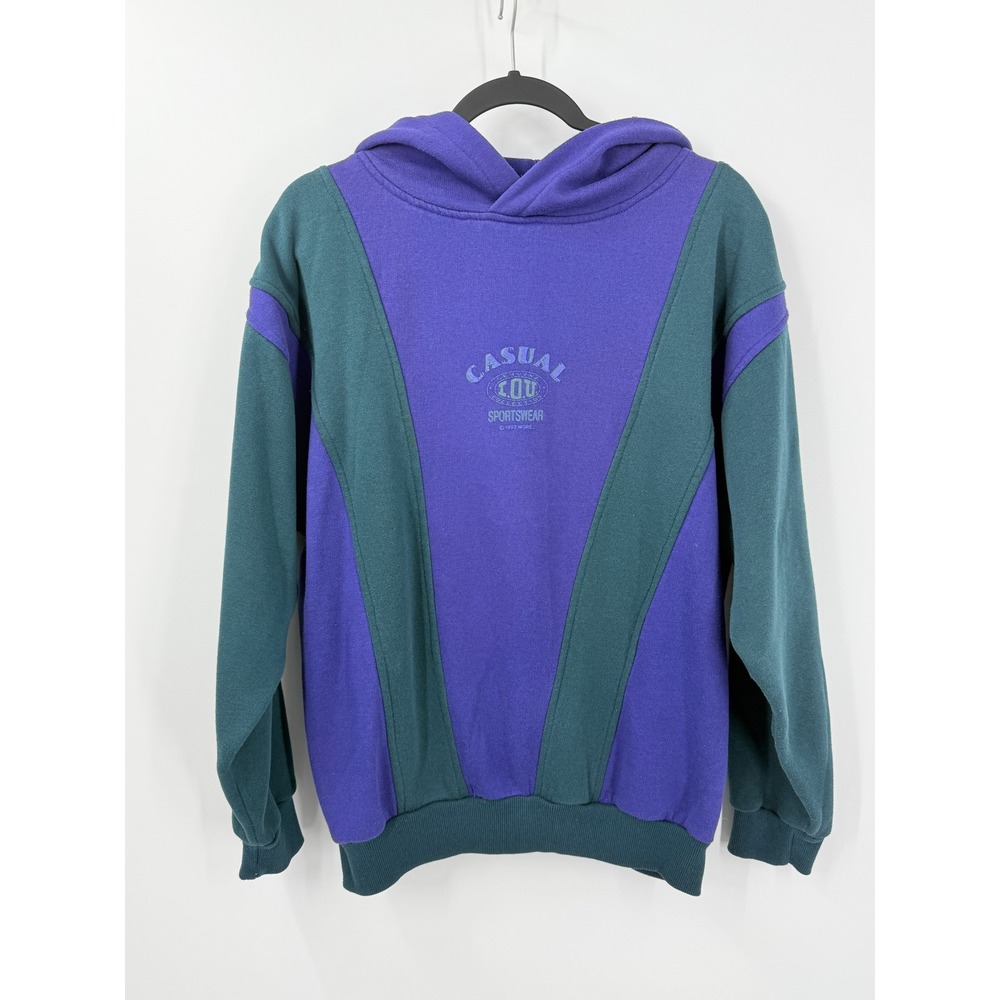 Vtg 90s I.O.U. Hoodie sz L Colorblock Purple Green Graphic Pullover